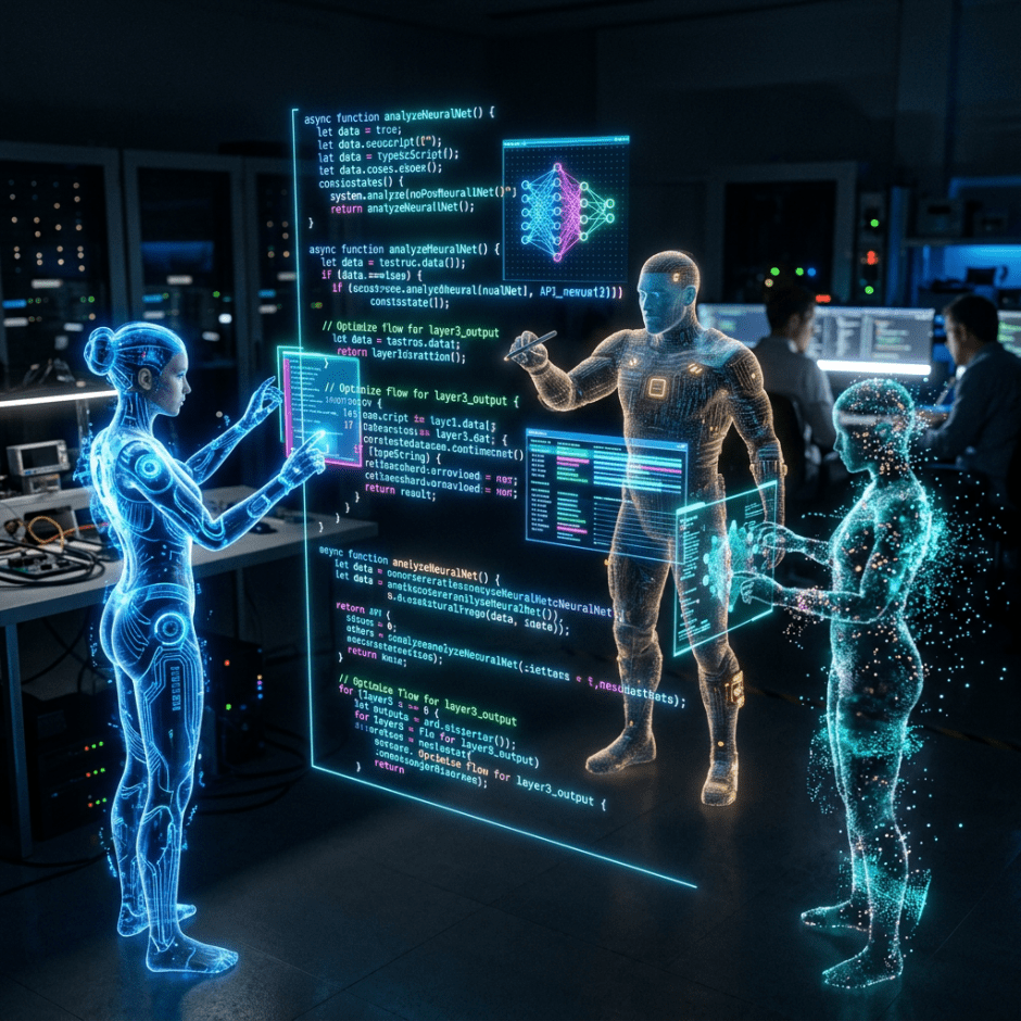 Three digital humanoid avatars interacting with floating neural network code and data displays